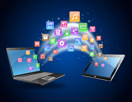 Futuristic laptop and tablet Vector Illustration with Holographic and Social Media Iconsのイラスト素材