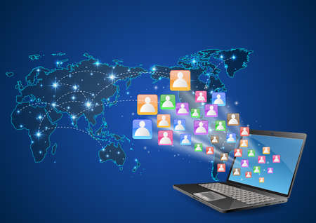 Futuristic laptop Vector Illustration with Holographic and Social Media Iconsのイラスト素材