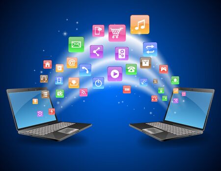 Futuristic laptop Vector Illustration with Holographic and Social Media Iconsのイラスト素材