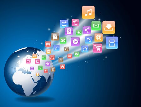 Modern earth in a web of satellites and iconのイラスト素材