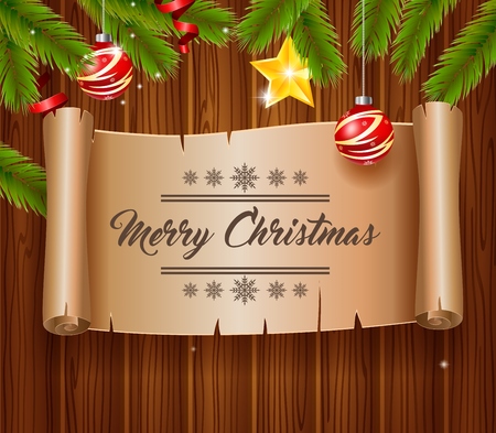 Christmas greeting card with empty paper with calligraphic inscription on wooden backgroundのイラスト素材