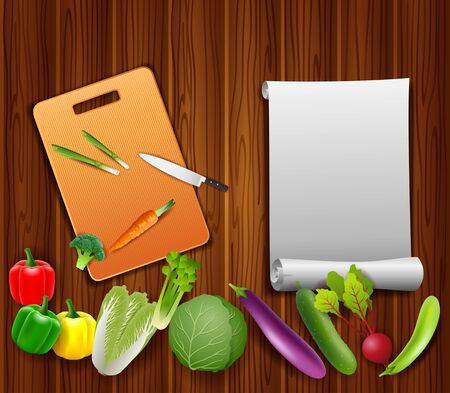 Vegetables on the table with paper and a knife on a cutting board.Vectorのイラスト素材
