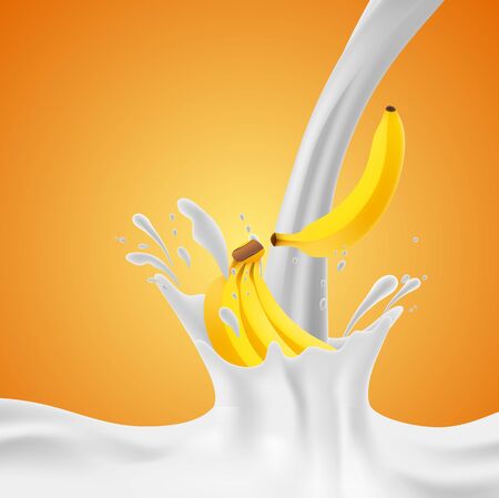 Bananas falling into the milky splash. Vector illustrationのイラスト素材