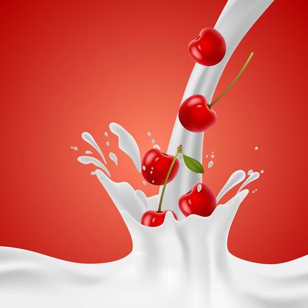 Red cherry falling into the milky splash. Vector illustrationのイラスト素材