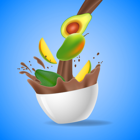 Bowl of healthy avocado and mango splash of milk chocolate. Vector illustrationのイラスト素材