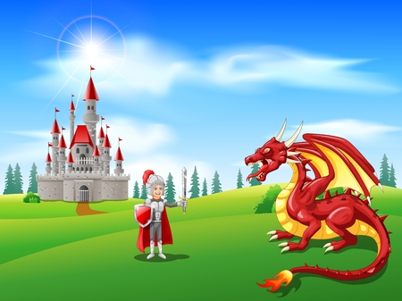Cartoon knight with fierce dragon. Vector illustrationのイラスト素材