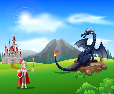 Cartoon knight with fierce dragon illustrationのイラスト素材