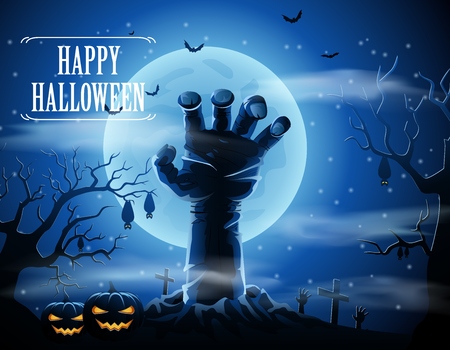 Halloween background with zombies and the moon. Vector illustrationのイラスト素材