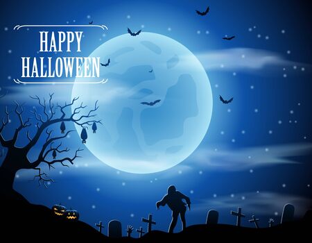 Halloween background with zombies and the moon. Vector illustrationのイラスト素材