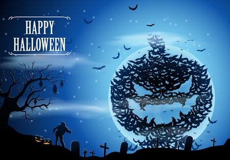 Halloween background with zombies and the moon. Vector illustrationのイラスト素材