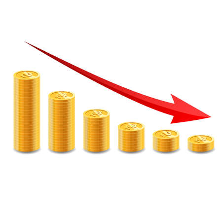 Decreasing piles of coins with going down graph. Concept for financial fall. Vector illustrationのイラスト素材