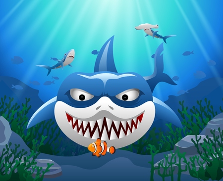 Cartoon shark attack clown fish underwater in ocean.のイラスト素材