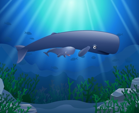 Cartoon sperm whale swimming in the sea. Vector illustrationのイラスト素材
