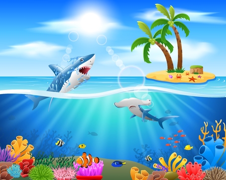 Cartoon shark jumping in blue ocean background. vector illustrationのイラスト素材