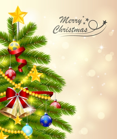 Decorated christmas tree with present boxes in a winter landscape with snow. Vector illustration.のイラスト素材