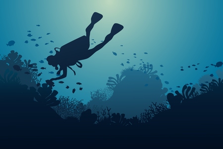 Silhouette of diver, coral reef and underwater cave on a blue sea background. Vector illustration.のイラスト素材