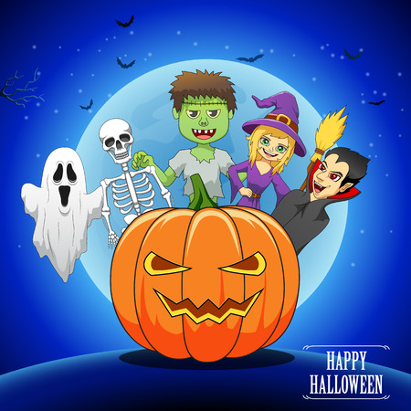 Happy Halloween background with pumpkin, haunted house and full moon. Vector illustrationのイラスト素材