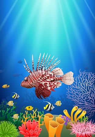 Lionfish and coral reefs in the sea. underwater beauty. Vector illustrationのイラスト素材