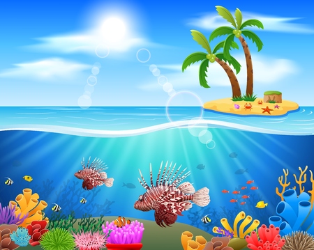 Lionfish and coral reefs in the sea. underwater beauty. Vector illustrationのイラスト素材