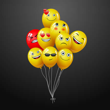 emoticons set on social network on group of flying balloon as social media marketing conceptのイラスト素材