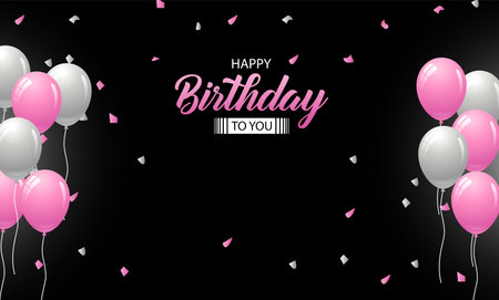 Happy Birthday on black background with 3d realistic pink and white air balloon with text and glitter confetti. Vector illustrationのイラスト素材