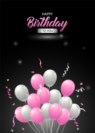Happy Birthday on black background with 3d realistic pink and white air balloon with text and glitter confetti. Vector illustrationのイラスト素材