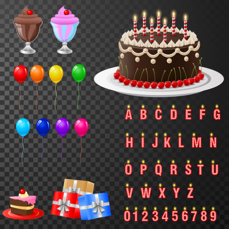 Candles on birthday cakes with age numbers from one to ten isolated vector icons. Happy birthday child party celebration.のイラスト素材