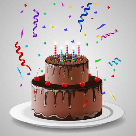 Birthday cake vector background design. Happy birthday greeting text with yummy cake element decoration for kids party occasion. Vector Illustration.のイラスト素材