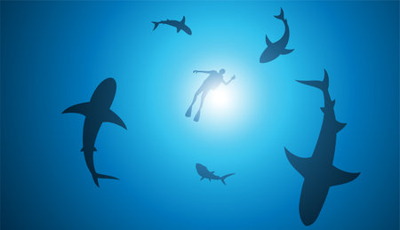 Silhouette of a diver and sharks on a blue background.のイラスト素材