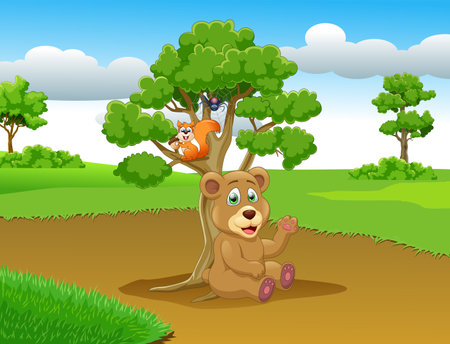 Vector illustration of Cartoon bear playing with a squirrel on the tree backgroundのイラスト素材