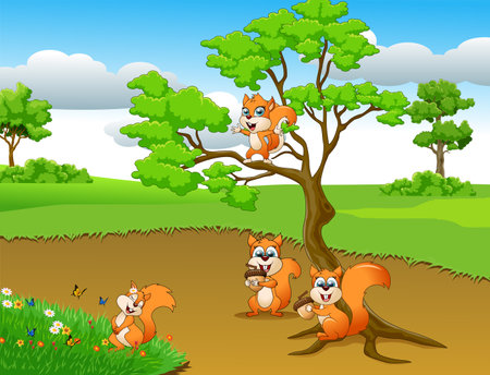 Vector illustration of Cartoon squirrels on the tree in the park.のイラスト素材