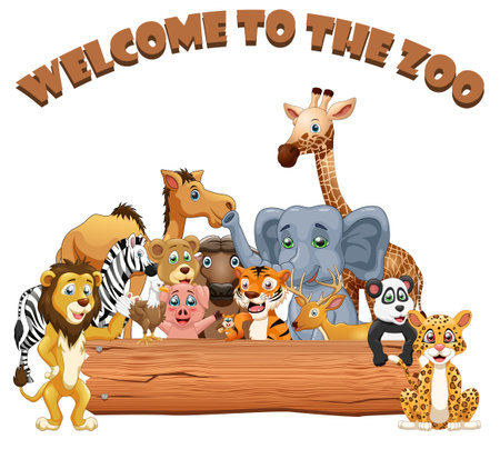Wild animals with wooden sign illustration. Cute cartoon wild animals.のイラスト素材