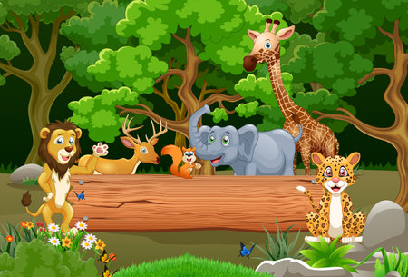 Animals in the jungle. Cute cartoon animals in the jungle. Vector Illustrationのイラスト素材