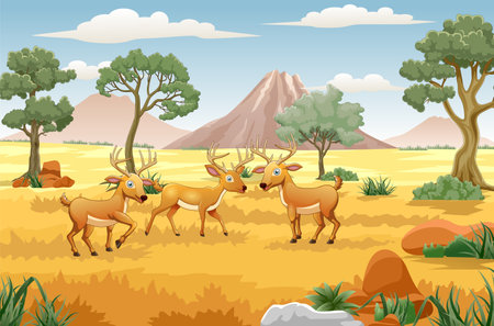 Deer in the savanna. Cartoon of wild animals. Vector illustration.のイラスト素材