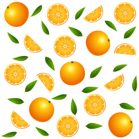 Seamless pattern with Orange fruit with leaves and slices isolated on white background. Vector illustration.のイラスト素材