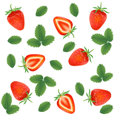 Seamless pattern with Strawberry with leaves on a white background. Vector illustration.のイラスト素材