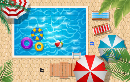 Pool with umbrellas and swimming pool. Top view. Vector illustrationのイラスト素材