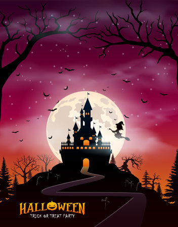Halloween background with castle and full moon. Vector Illustration.のイラスト素材