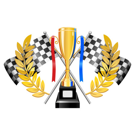 Trophy cup with Checkered flag racing and laurel wreath. Vector illustration.のイラスト素材