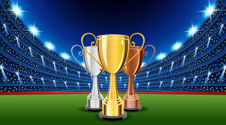 Gold, Silver and Bronze Trophy Cup on Stadium Stage Background Illustrationのイラスト素材