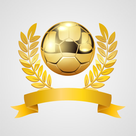 Gold soccer ball with laurel wreath and ribbon. Vector illustrationのイラスト素材