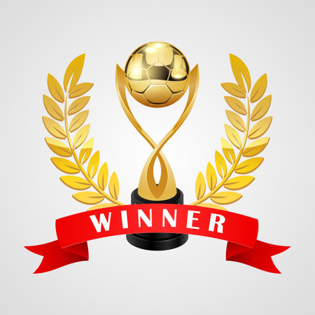Gold winner cup with soccer ball and laurel wreath. Vector illustration, Football themeのイラスト素材
