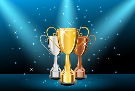 Gold, silver and bronze trophy cup on blue background. Vector illustrationのイラスト素材
