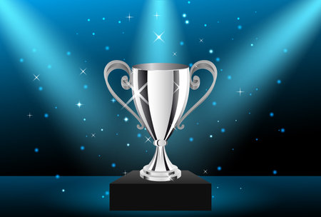 Realistic trophy cup on blue background with spotlights. Vector illustration, Football themeのイラスト素材