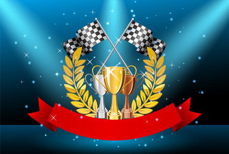 Racing background with gold trophy and checkered flag, vector illustrationのイラスト素材