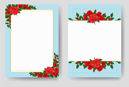 Card template with red rose flowers on blue background. Vector illustration.のイラスト素材