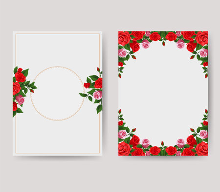 Greeting card template with red roses on white background. Vector illustration.のイラスト素材