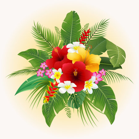 Tropical flowers bouquet with palm leaves and hibiscus. Vector illustration.のイラスト素材