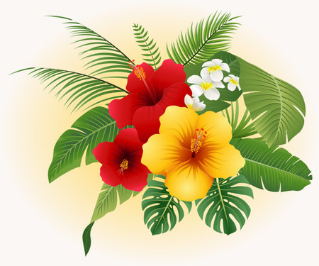Hibiscus and plumeria flower bouquet. Vector illustration.のイラスト素材