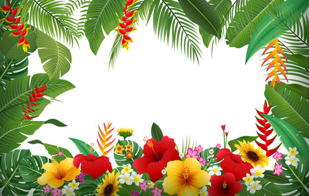Tropical background with palm leaves and flowers. Vector illustration.のイラスト素材